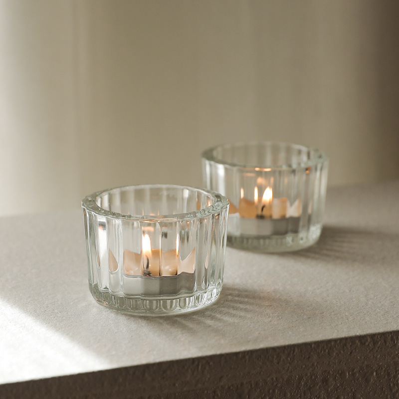 Modern Ribbed Pleated Clear Custom Tea Light Votive Small Glass Candle Cup Vessels Jar