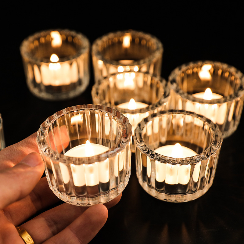 Modern Ribbed Pleated Clear Custom Tea Light Votive Small Glass Candle Cup Vessels Jar