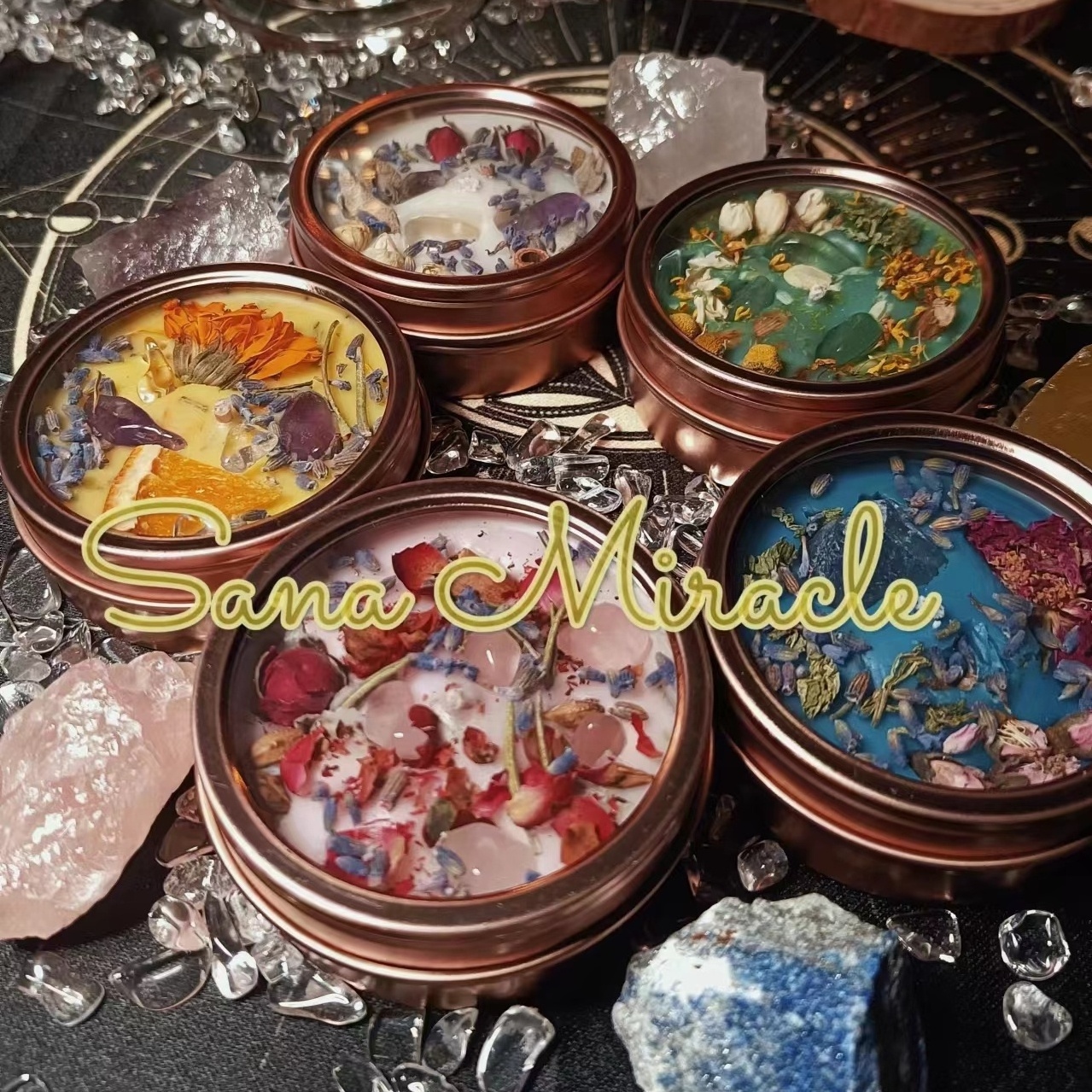 Spell candles dried flowers crystal stones plant essential oils aromatherapy healing and new full moon wishing candles