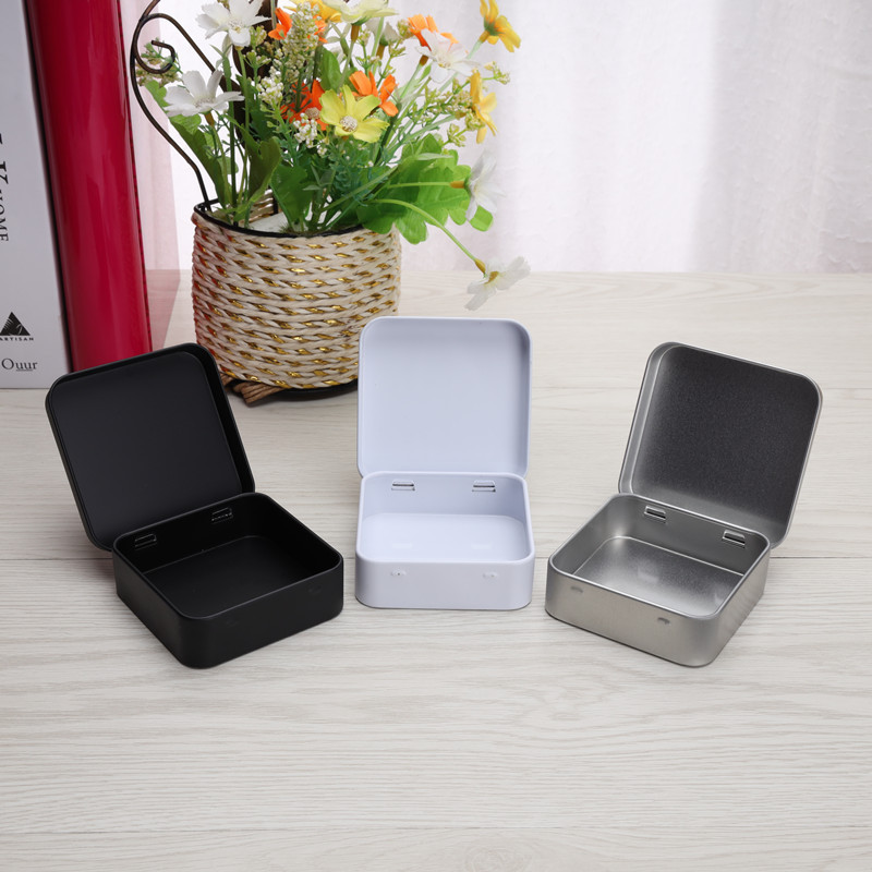 Gift Tin Box Storage Box Square Metal Aluminum Hinged Mini Candy Cookie Tin 70X70X23MM White Matte Black Silver Gift & Craft