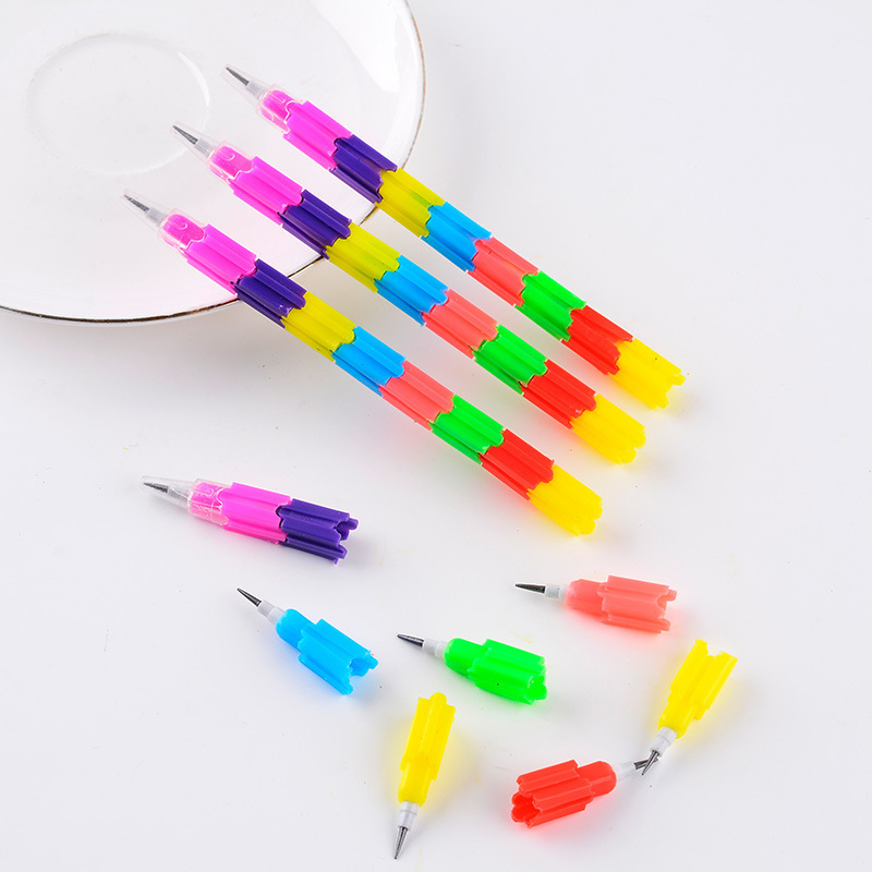 Kawaii Novelty Diy Toy Stationery Free Sharpen Gifts plastic 8 Color Colorful Rainbow Joints Stacker Swap Building Block Pencil