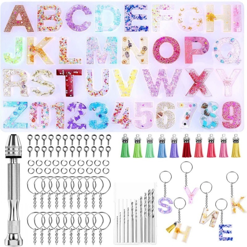 Kids Diy Kits Alphabet Silicone Resin Molds Letter Number Epoxy Molds Jewelry Molds for Resin Casting  Keychain with Tassels Pin