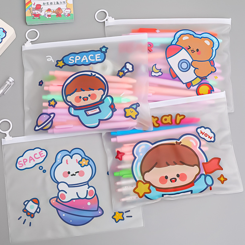 A5 Flat Transparent Waterproof Cartoon Kawaii Cosmetics Storage Bag Pouch Organizer Large Capacity Pencil Case With Ring Zipper