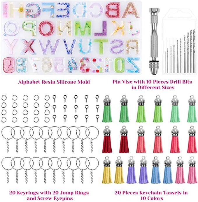 Kids Diy Kits Alphabet Silicone Resin Molds Letter Number Epoxy Molds Jewelry Molds for Resin Casting  Keychain with Tassels Pin