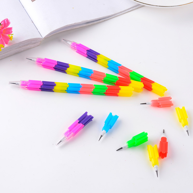 Kawaii Novelty Diy Toy Stationery Free Sharpen Gifts plastic 8 Color Colorful Rainbow Joints Stacker Swap Building Block Pencil