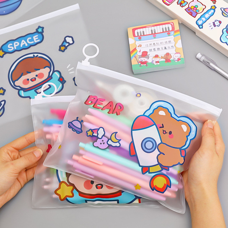 A5 Flat Transparent Waterproof Cartoon Kawaii Cosmetics Storage Bag Pouch Organizer Large Capacity Pencil Case With Ring Zipper