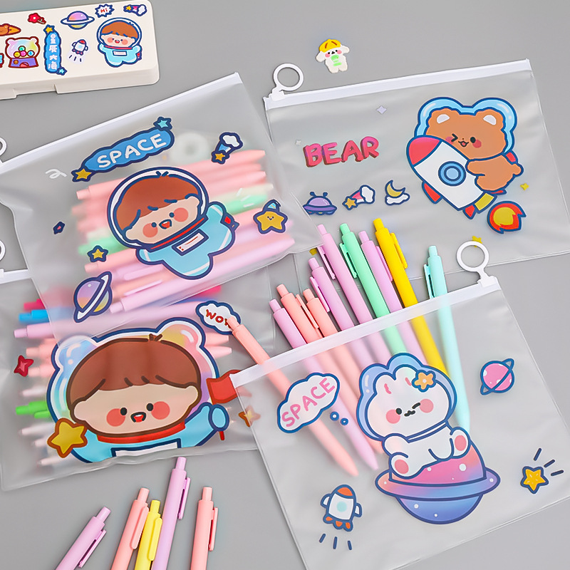 A5 Flat Transparent Waterproof Cartoon Kawaii Cosmetics Storage Bag Pouch Organizer Large Capacity Pencil Case With Ring Zipper