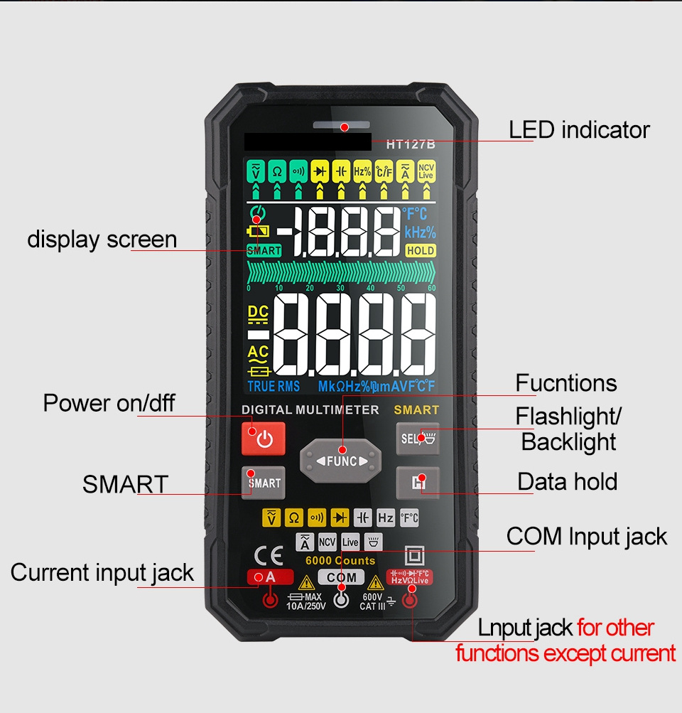 HT127B Digital Multimeter OEM&ODM Multimetro Capacitor Meter Volt Meter Ohmmeter Auto-Ranging Tester