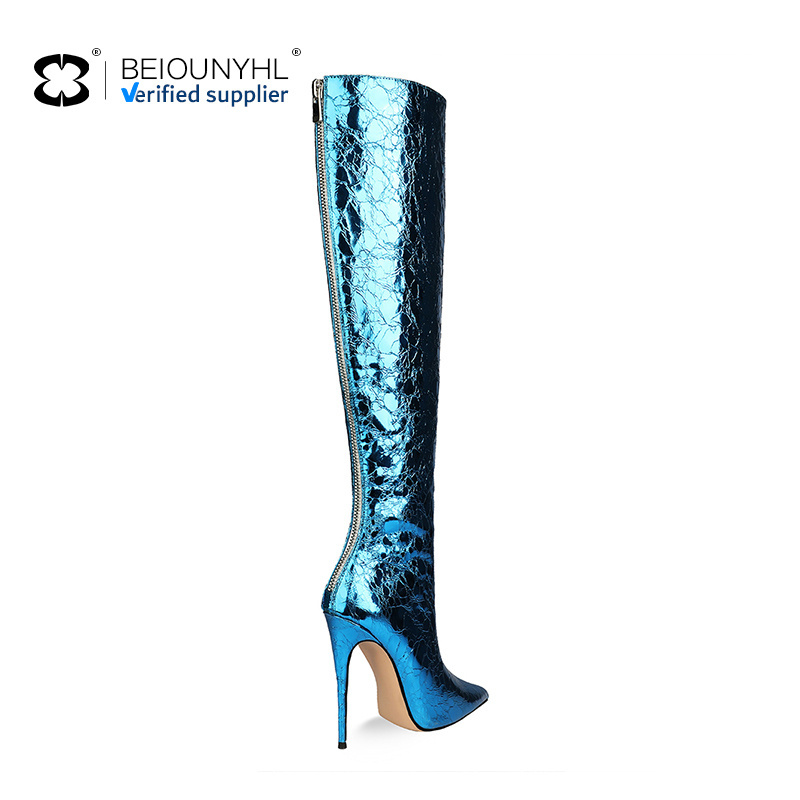 2023 Customized Logo Women Sexy Metallic Thigh High Boots Shinning Ladies Thin High Heel Pointed Toe Over The Knee Long Boots