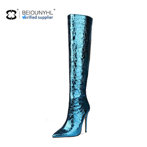 2023 Customized Logo Women Sexy Metallic Thigh High Boots Shinning Ladies Thin High Heel Pointed Toe Over The Knee Long Boots