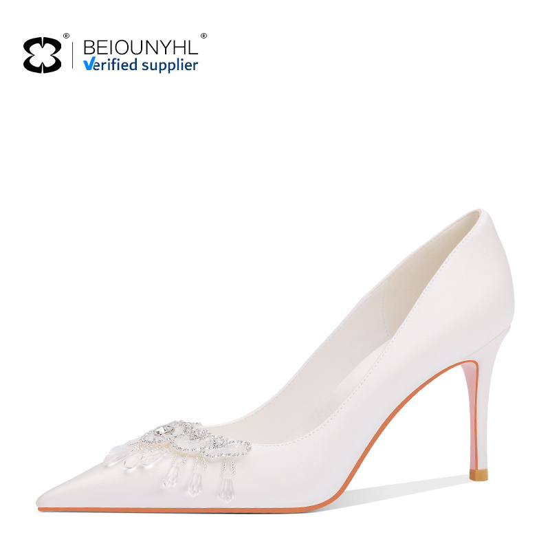 Bride fashion White Wedding Shoes Rhinestone Women's Stiletto Pointed Toe Silk Heels for women wedding shoes big size