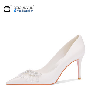 Bride fashion White Wedding Shoes Rhinestone Women's Stiletto Pointed Toe Silk Heels for women wedding shoes big size