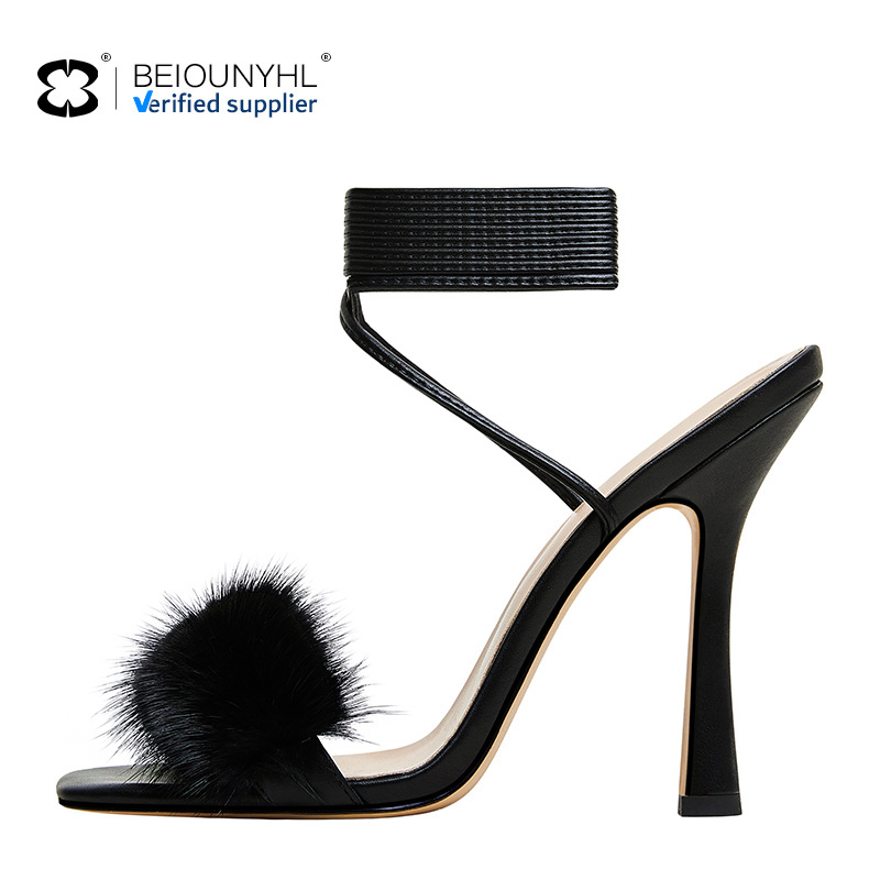 2024 New Style Feather Women's Female Club Party High Heels Sandals Square Toe Ankle Cross-tied Strange High Heel Sandals Shoes