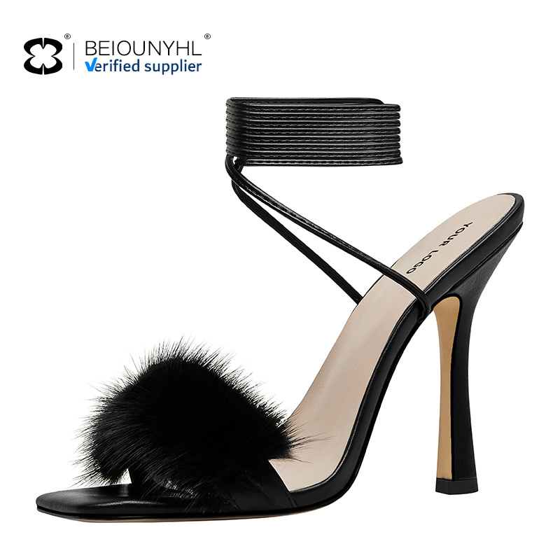 2024 New Style Feather Women's Female Club Party High Heels Sandals Square Toe Ankle Cross-tied Strange High Heel Sandals Shoes