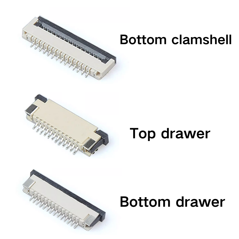 FPC/FFC flexible cable socket connector 0.5mm/1.0mm up and down drawer clamshell 4P-60P