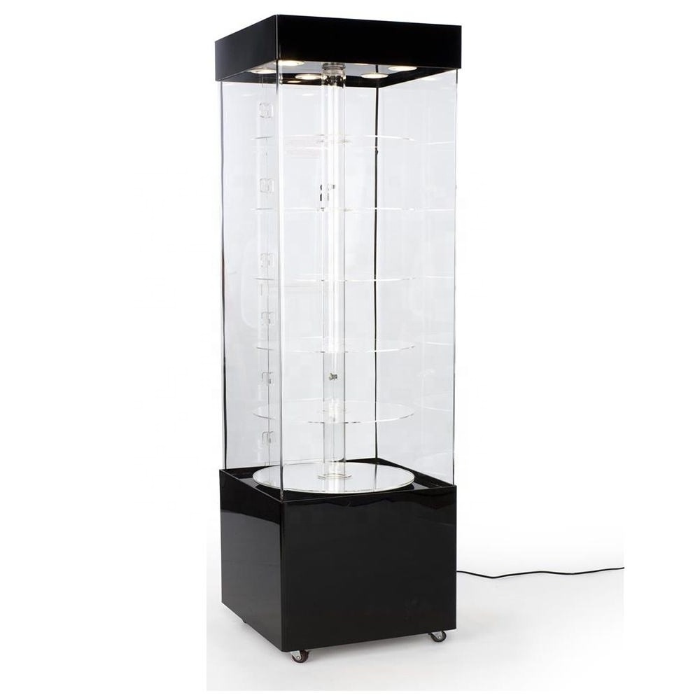 XITU-Customized Clear Free Standing LED Lighted Acrylic Rotating Wrist Watch Display Cabinet Showcase with Lock