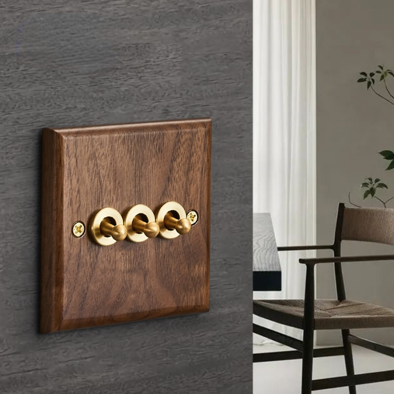 Solid Wood Panels Switch Retro Vintage Wall Switch Antique Brass Lever Walnut Wood Screw Button 1 Gang 2 Way 10A Toggle Switch