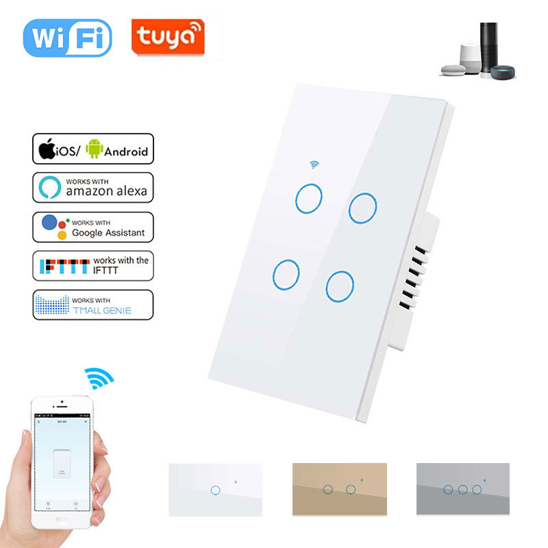 XUGUANG Smart Switch 6 Gang New Design Products Tuya Smart Wifi Us Standard Glass Touch Panel Light Switch Prise Et Interrupteur