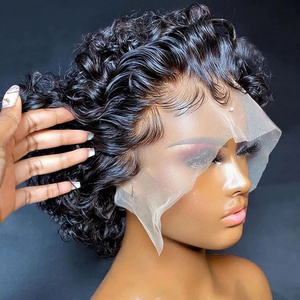 Brazilian Human Hair Water Wave Pixie Cut Full Lace Braided Short Wig Hair Pixie Curly Wigs For Black Women