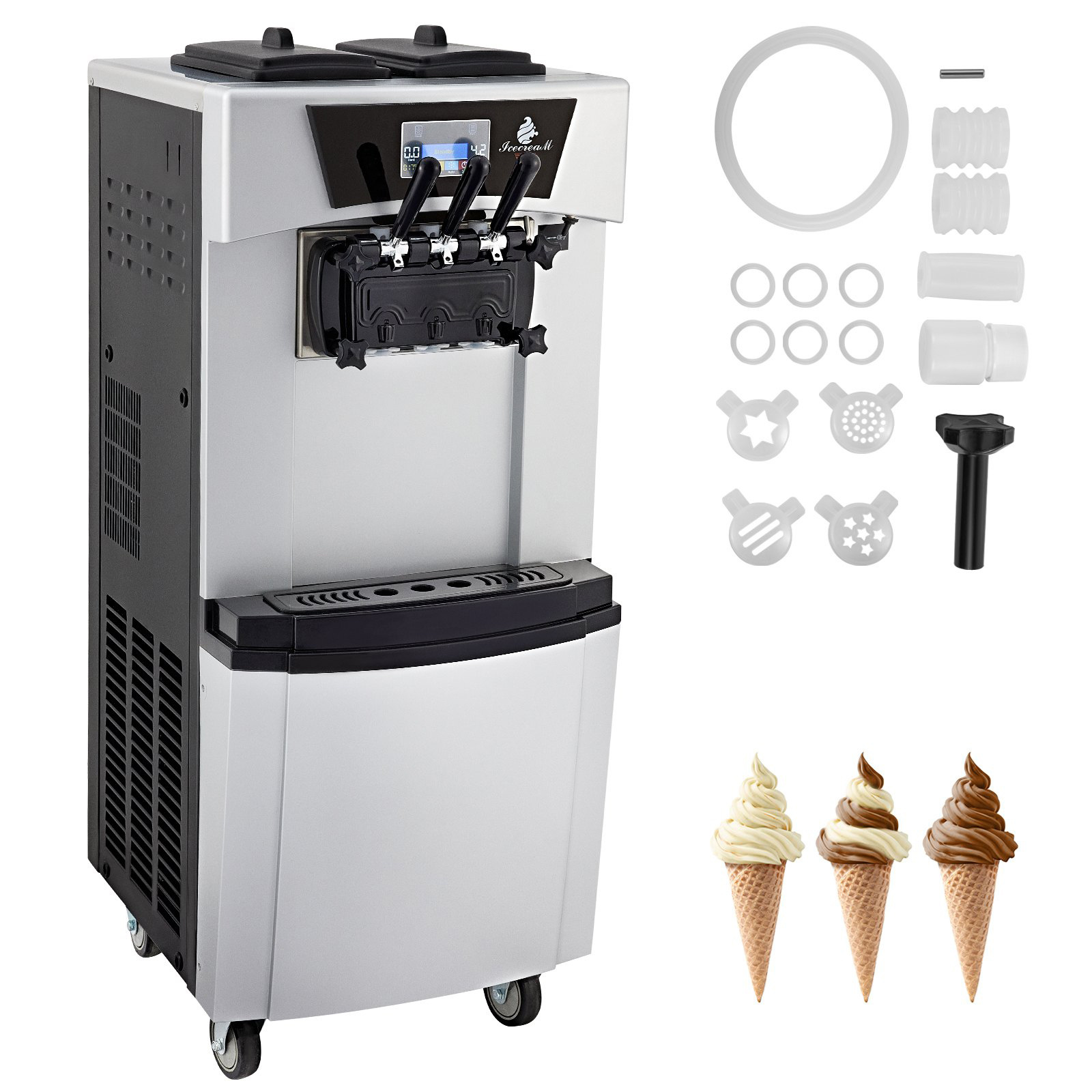 Ice Cream Machine 20-30L/H Soft Ice Cream Maker 2+1 Flavors Soft Serve Machine 2450W Frozen Yogurt Maker for Snack Bar Cafe