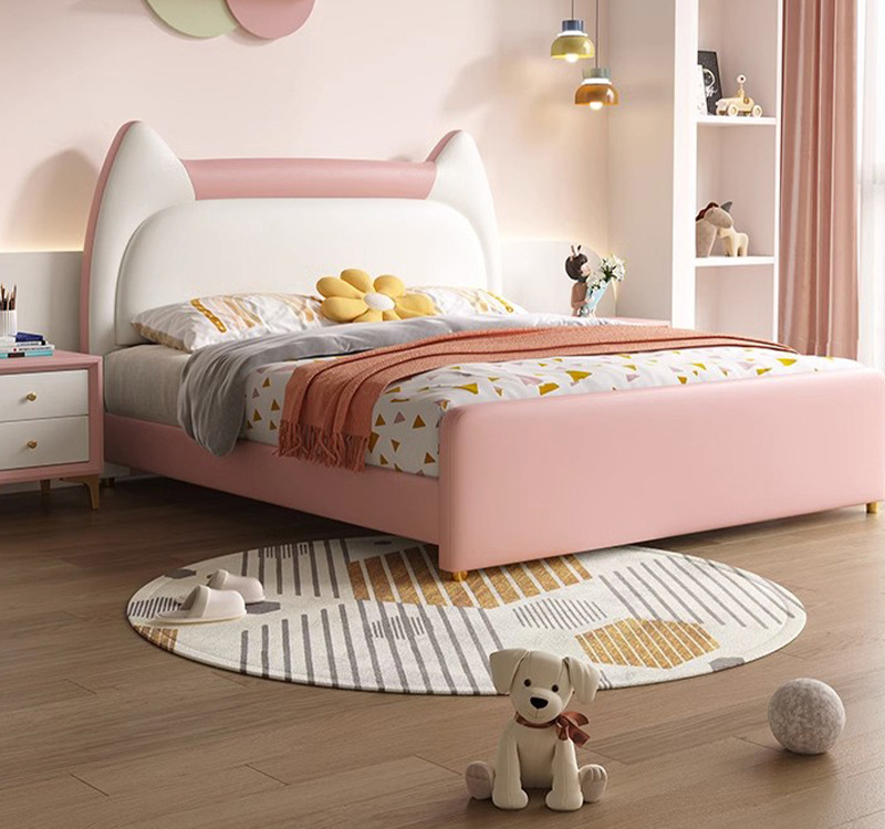 Modern cute pink white soft bed children's bedroom furniture upholstered single upholstered children's bed for girls