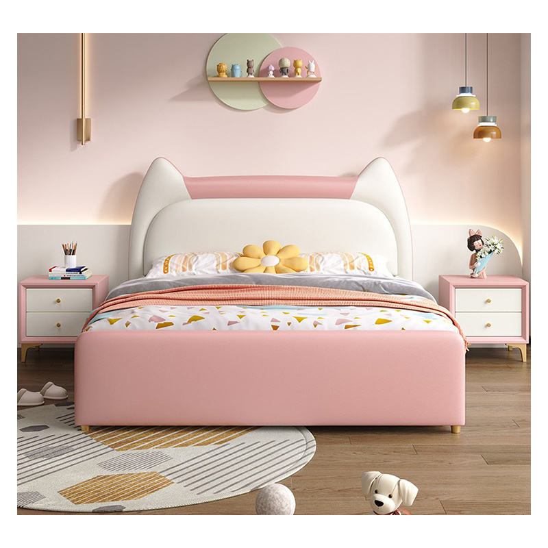 Modern cute pink white soft bed children's bedroom furniture upholstered single upholstered children's bed for girls