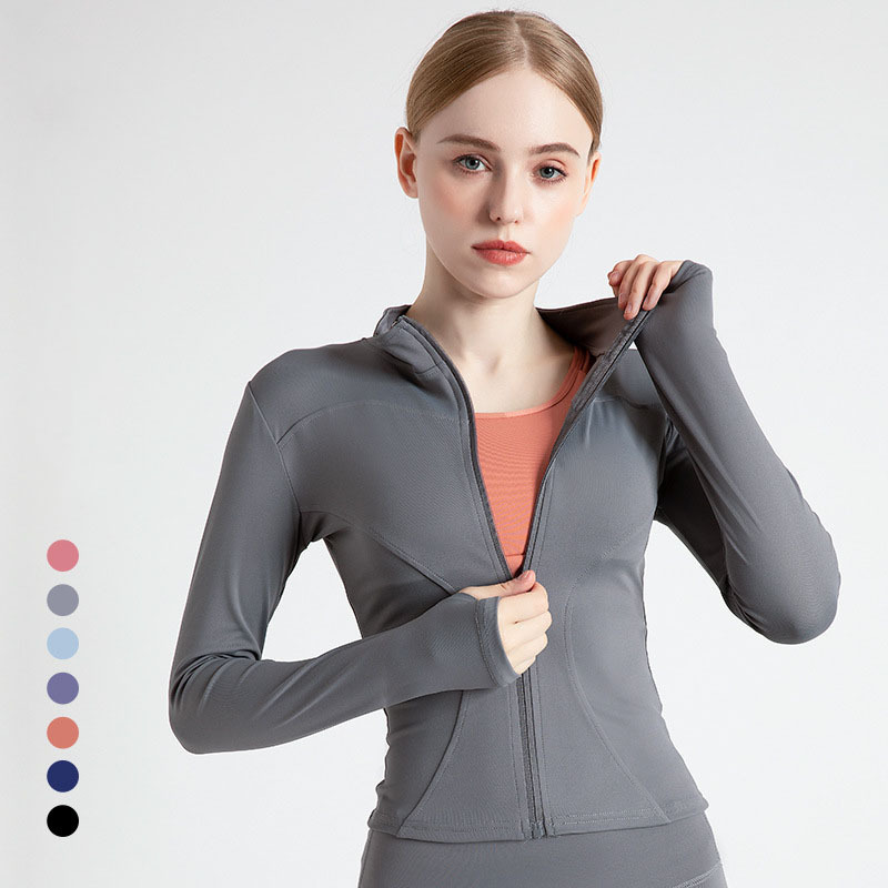 High Elastic Long Sleeve Full Zip Running Slim Fit Yoga Jacket With Thumb-Holes