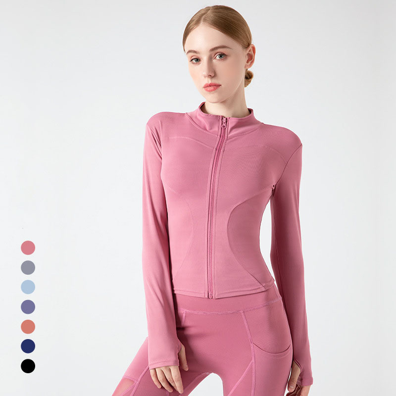 High Elastic Long Sleeve Full Zip Running Slim Fit Yoga Jacket With Thumb-Holes