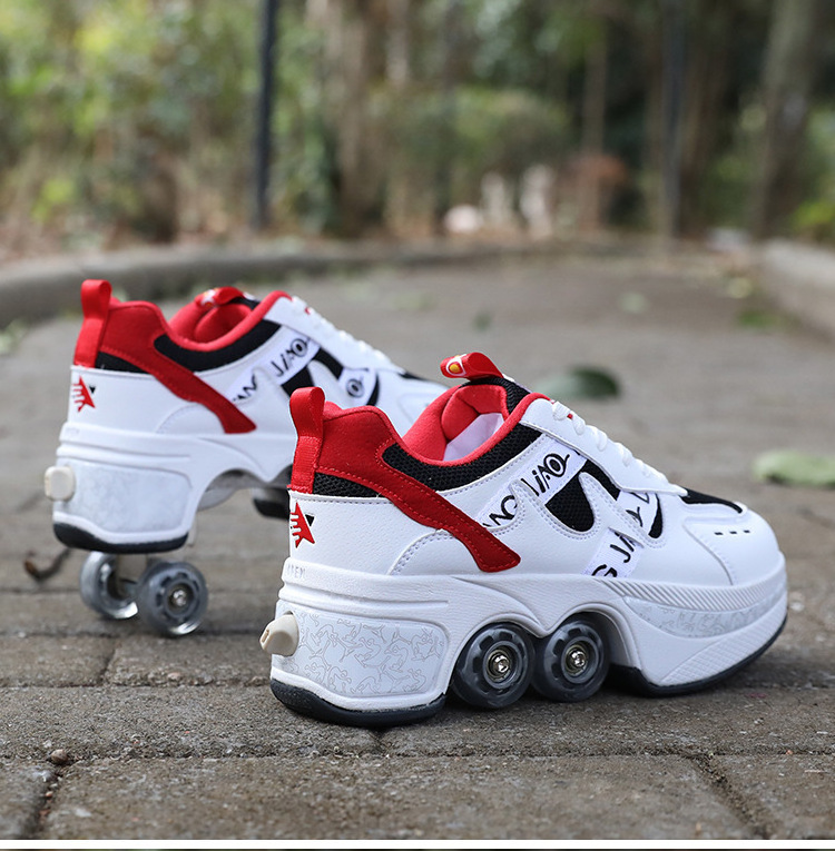 Deformation Walking Rollershoes Outdoor Sports Kick Out Spinning Top Roller Skates Shoes With Retractable 4 Wheels