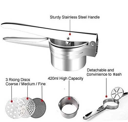 Manual Masher for Potato Baby Food Ricer with 3 Interchangeable Discs Stainless Steel Kitchen Gadgets Fruit Presser