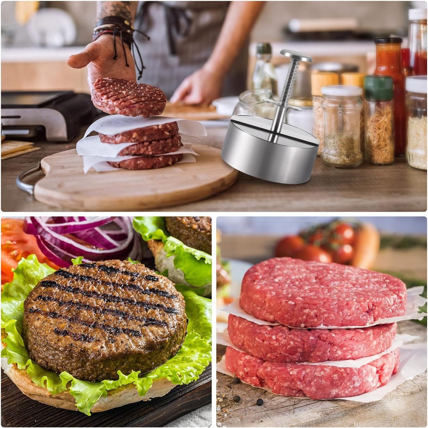 New Style Adjustable Burger Press Stainless Steel Patty Maker Non-Stick Grill Burger Smasher