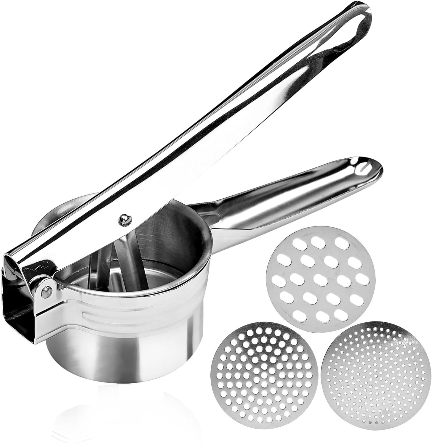 Manual Masher for Potato Baby Food Ricer with 3 Interchangeable Discs Stainless Steel Kitchen Gadgets Fruit Presser