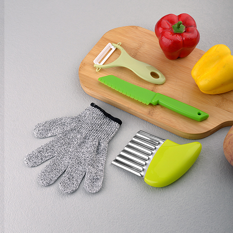 Kids Knives for Real Cooking, Wooden Kids Knife Set with Gloves Cutting Board Fruit Vegetable Cutters Plastic Kid Safe Knives