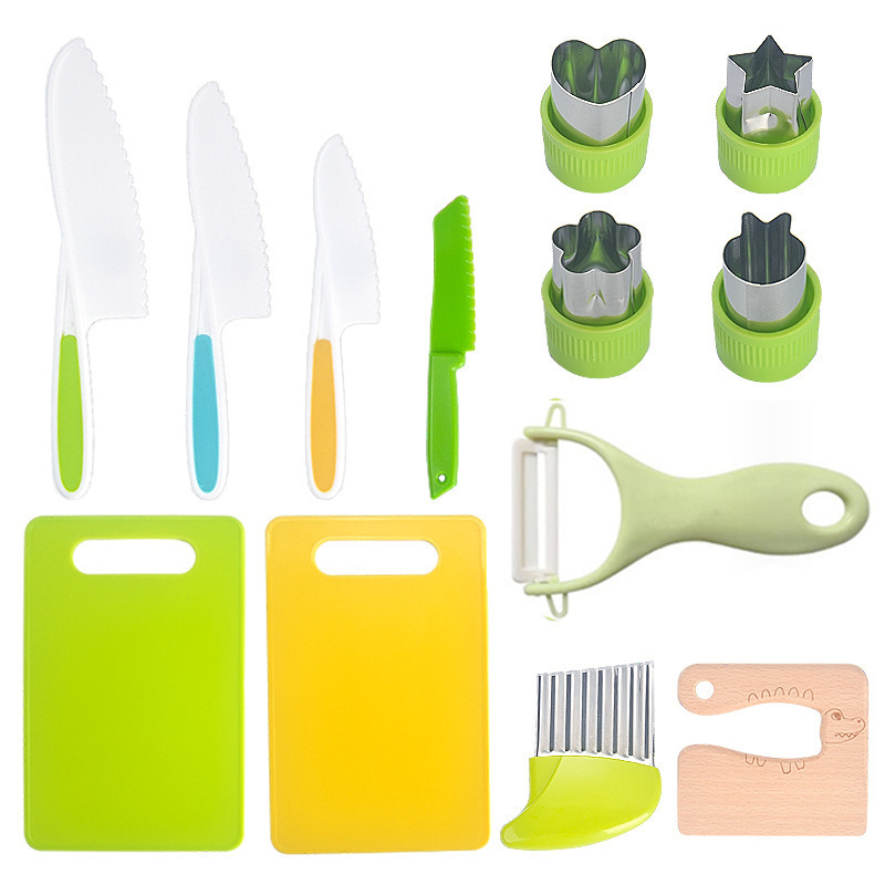 Kids Knives for Real Cooking, Wooden Kids Knife Set with Gloves Cutting Board Fruit Vegetable Cutters Plastic Kid Safe Knives