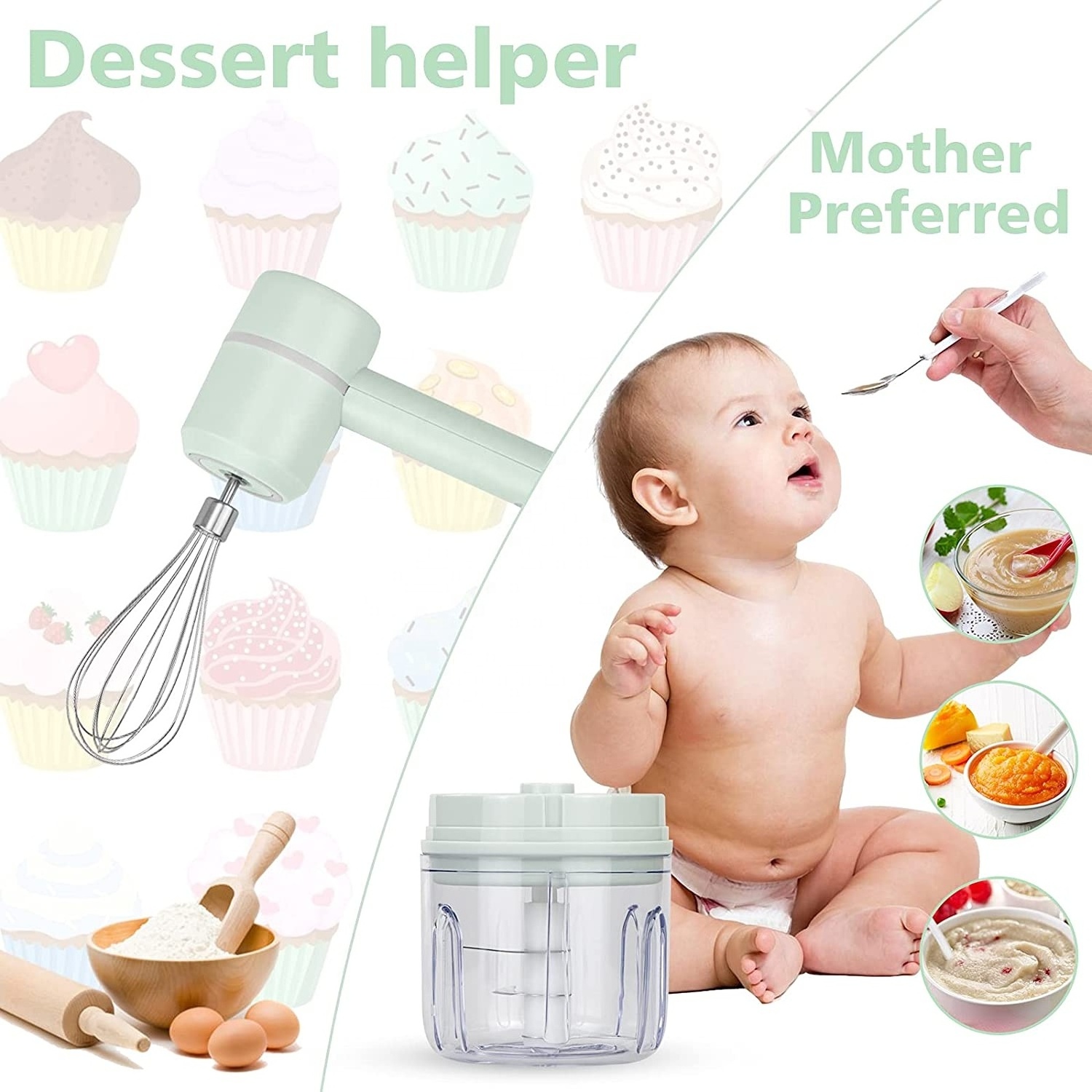 3-in-1 Wireless Electric Hand Mixer USB Rechargeable Hand Blender for Baby Food Cordless Mini Handheld Mixer for Egg Beater