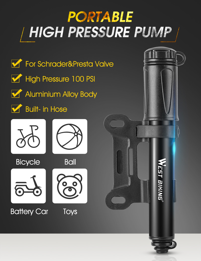 WEST BIKING 100Psi Mini Bike Pump Aluminum Alloy Bicycle Hand Air Pump Tire Inflator Schrader Presta Valve MTB Road Cycling Pump