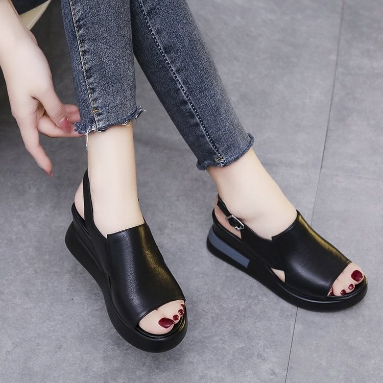 2024 Summer Women Wedge Heeled Pu Leather Sandals Cross Strap Korean Style Casual Shoes Ladies Open Toe Solid Buckle Sandalias