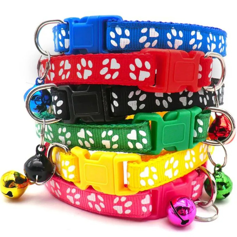 Pet Collar With Bell Cartoon Footprint Colorful Dog Puppy Cat Accessories Kitten Collar Adjustable Safety Bell Ring Necklace Pet