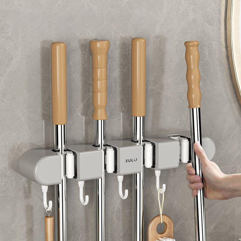 Broom Mop Holder with Hooks Wall Mounted Broom Storage Rack No Drilling Self-Adhesive Mop Broom Organizer for Bathroom