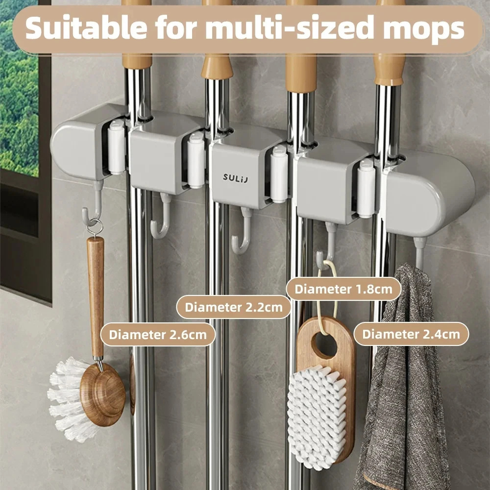 Broom Mop Holder with Hooks Wall Mounted Broom Storage Rack No Drilling Self-Adhesive Mop Broom Organizer for Bathroom