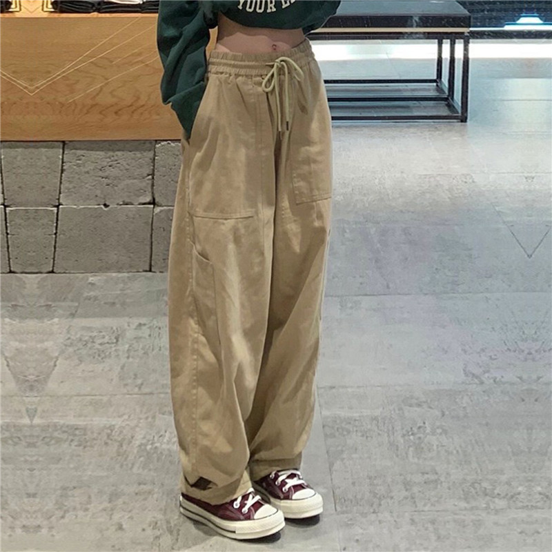 Vintage Cargo Pants Women Khaki Wide Leg Pants Unisex Harajuku Baggy Sweatpants Hip Hop Trousers Drawstring Streetwear Pantalon