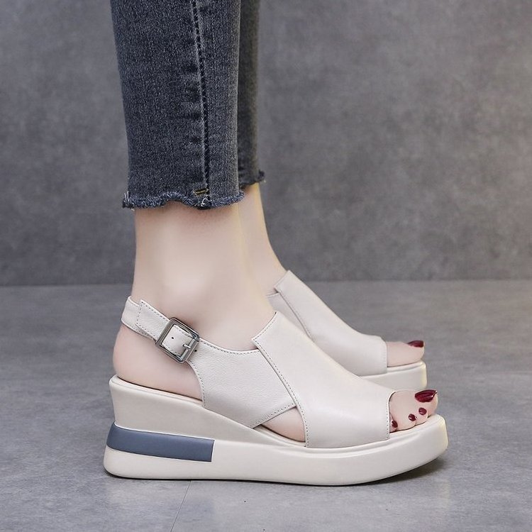 2024 Summer Women Wedge Heeled Pu Leather Sandals Cross Strap Korean Style Casual Shoes Ladies Open Toe Solid Buckle Sandalias