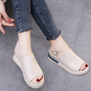 2024 Summer Women Wedge Heeled Pu Leather Sandals Cross Strap Korean Style Casual Shoes Ladies Open Toe Solid Buckle Sandalias