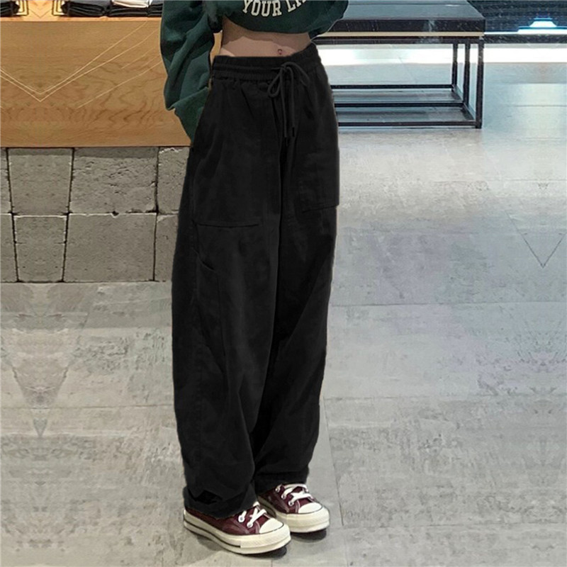 Vintage Cargo Pants Women Khaki Wide Leg Pants Unisex Harajuku Baggy Sweatpants Hip Hop Trousers Drawstring Streetwear Pantalon