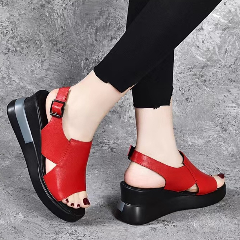 2024 Summer Women Wedge Heeled Pu Leather Sandals Cross Strap Korean Style Casual Shoes Ladies Open Toe Solid Buckle Sandalias