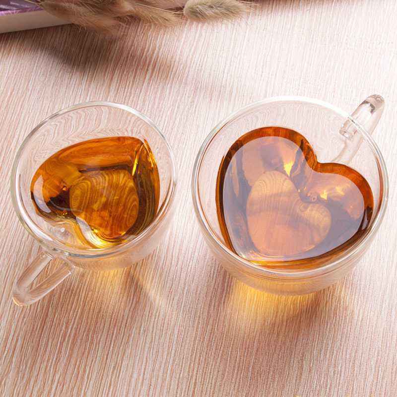 Heart Love Shaped Double Wall Glass Mug Double Layer Love Heart Shaped Glasstea Mug Milk Lemon Juice Cup