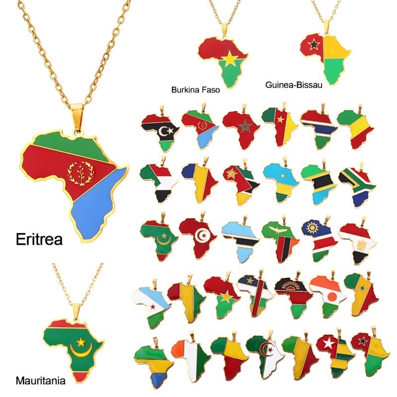 Fashion Jewelry For Women Men Stainless Steel 18k Gold Plated Country Flag Africa Map Pendant Necklaces Jewelry