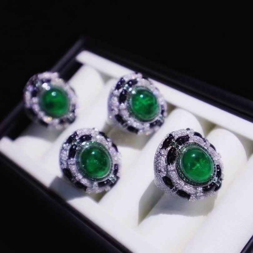 Designer Emerald Green Round Shape Cubic Zirconia Ring and AB Stud Earring Jewelry Set