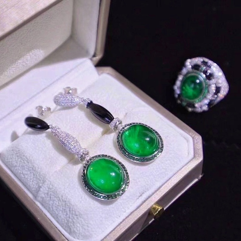 Designer Emerald Green Round Shape Cubic Zirconia Ring and AB Stud Earring Jewelry Set