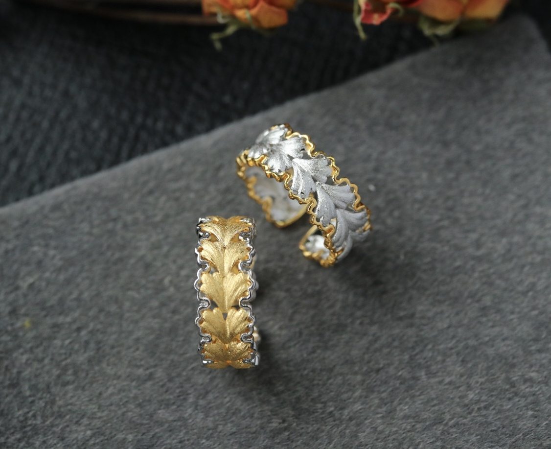 925 sterling silver gold-plated Italian textured carved gold wire drawing process dual color ginkgo leaf opening ring